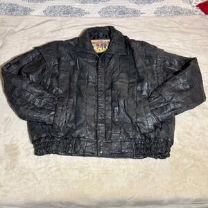 90s L/XL Atlantic Beach Leather Coat Works Mens Black Window Pane Leather Jacket